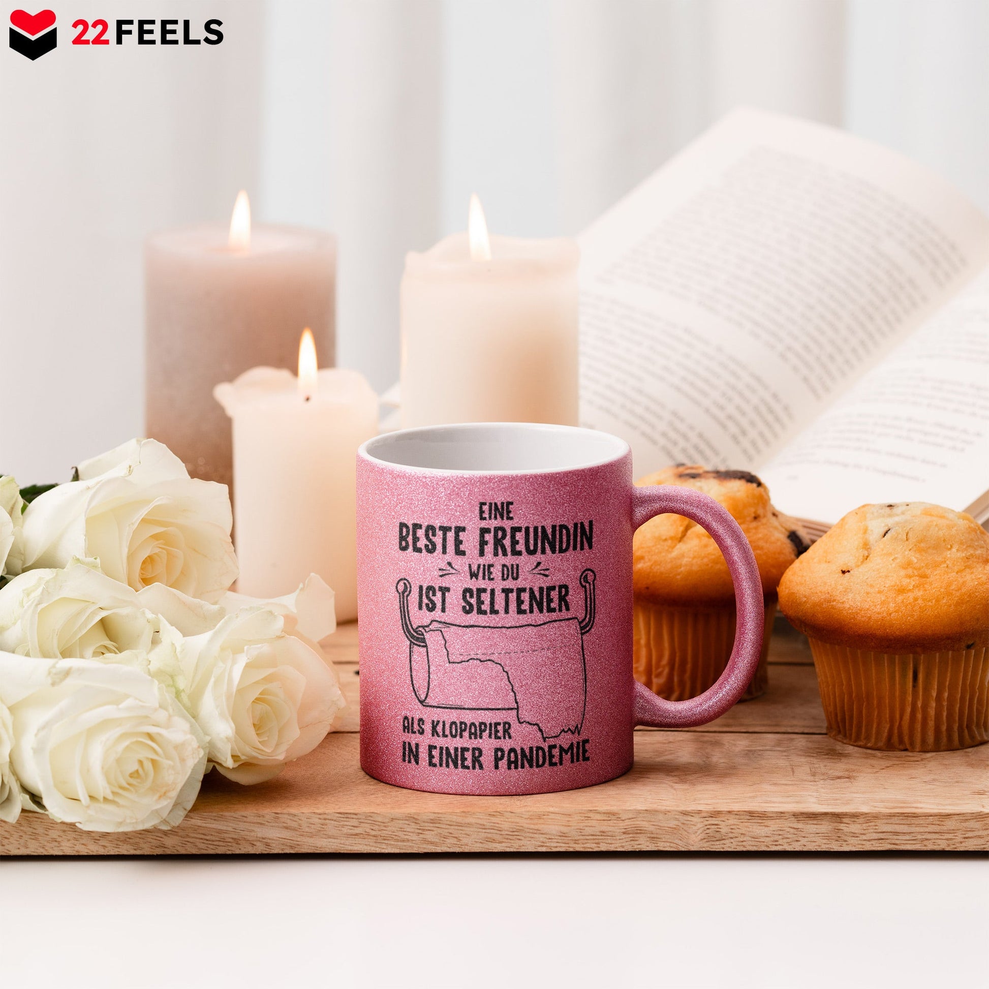 22Feels® Beste Freundin Geschenk - Glitzertasse mit Spruch: Seltener als Klopapier (Pink, 320ml)-Glitzertasse Pink 320ml-22Feels