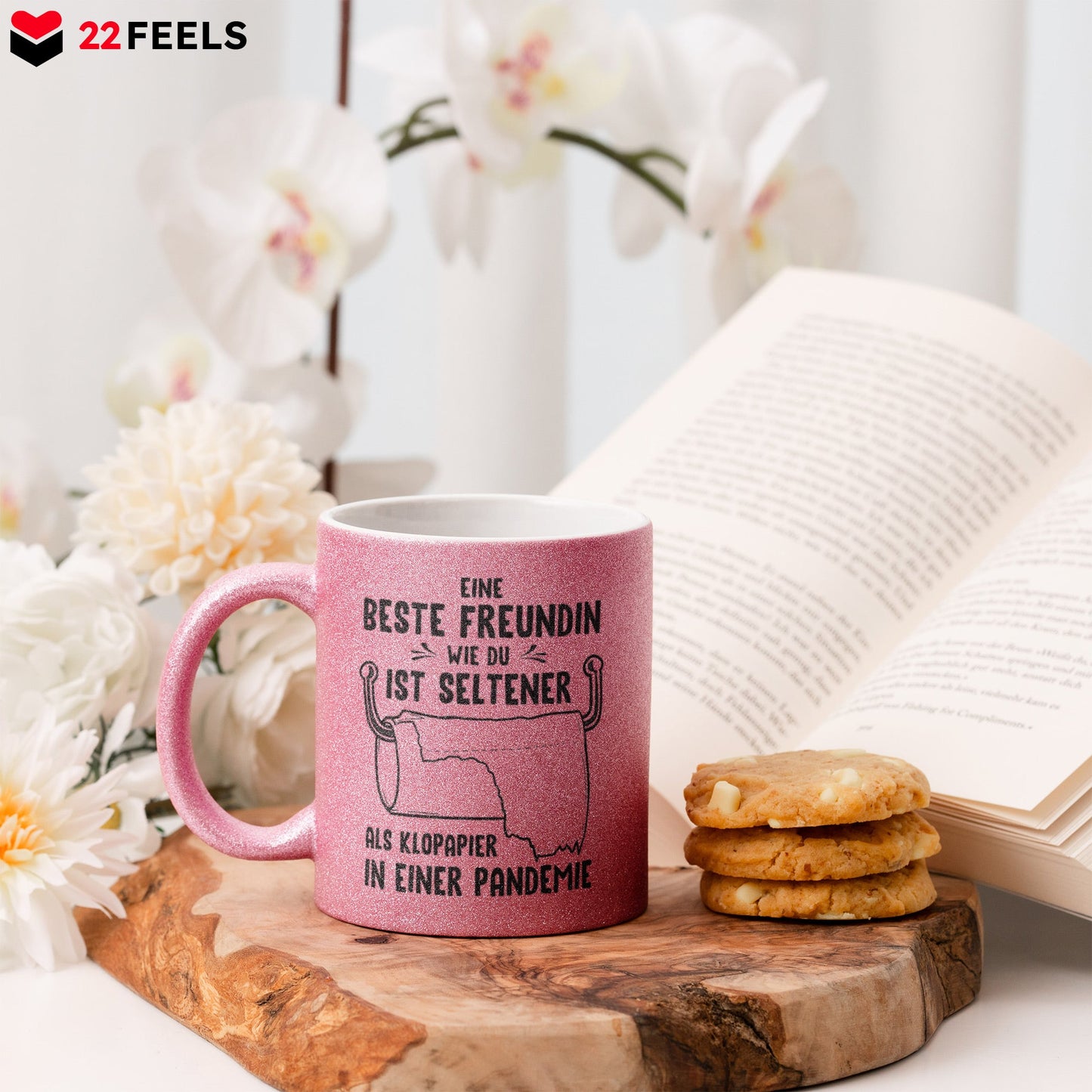 22Feels® Beste Freundin Geschenk - Glitzertasse mit Spruch: Seltener als Klopapier (Pink, 320ml)-Glitzertasse Pink 320ml-22Feels