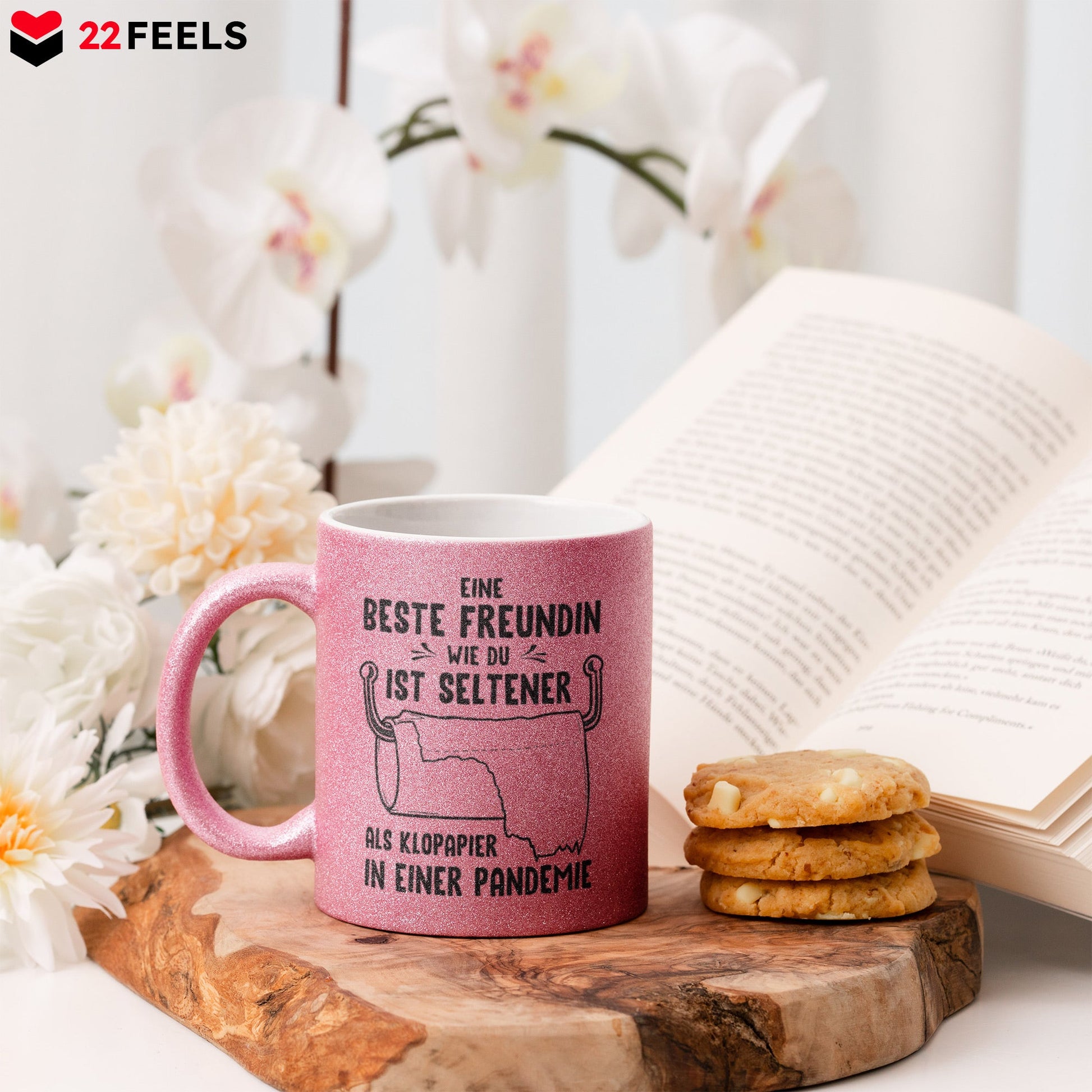 22Feels® Beste Freundin Geschenk - Glitzertasse mit Spruch: Seltener als Klopapier (Pink, 320ml)-Glitzertasse Pink 320ml-22Feels