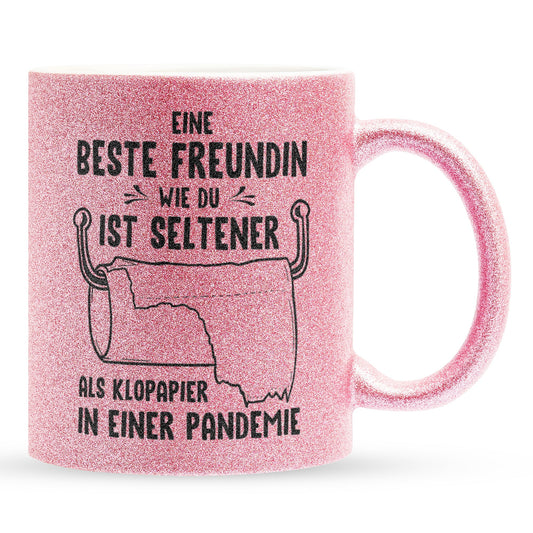 22Feels® Beste Freundin Geschenk - Glitzertasse mit Spruch: Seltener als Klopapier (Pink, 320ml)-Glitzertasse Pink 320ml-22Feels