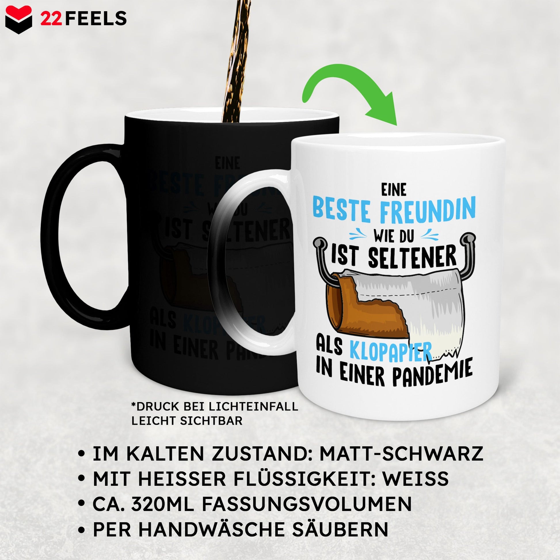 22Feels® Beste Freundin Geschenk - Zaubertasse mit Spruch: Seltener als Klopapier (Matt-Schwarz und Weiss, 320ml)-Farbwechsel Tasse Matt 320ml-22Feels