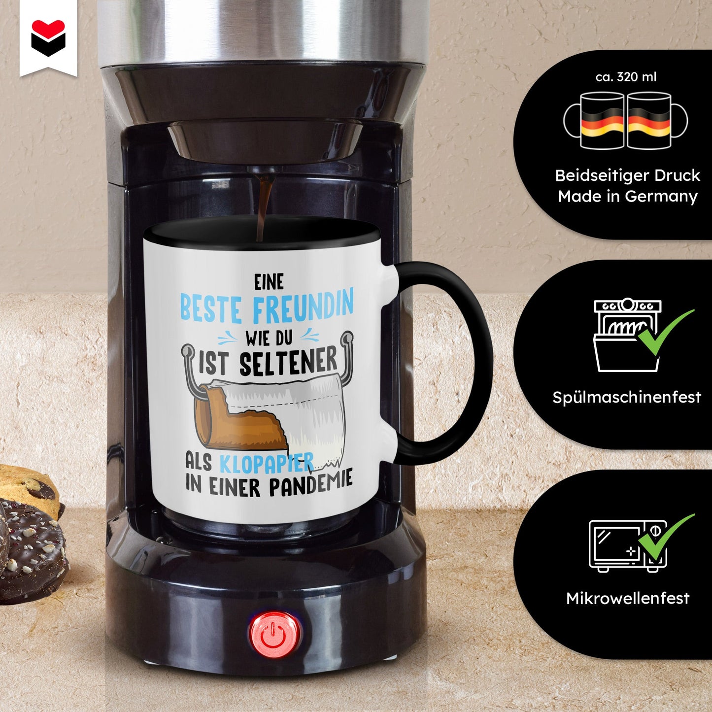 22Feels® Beste Freundin Geschenk - Tasse mit Spruch: Seltener als Klopapier (Weiss-Schwarz, 320ml)-TwoTone Tasse Weiss-Schwarz 320ml-22Feels