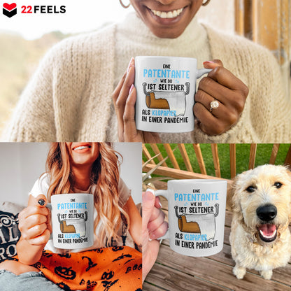 22Feels® Patentante Geschenk - Tasse mit Spruch: Seltener Als Klopapier (Weiss, 320ml)-Weisse Tasse 320ml-22Feels