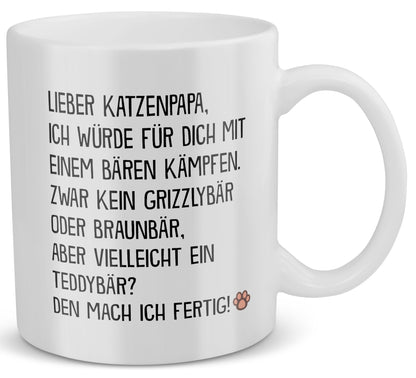 22Feels® Geschenk für Katzenpapa - Tasse mit Spruch: Mit Bären Kämpfen (Weiss, 320ml)-Weisse Tasse 320ml-22Feels