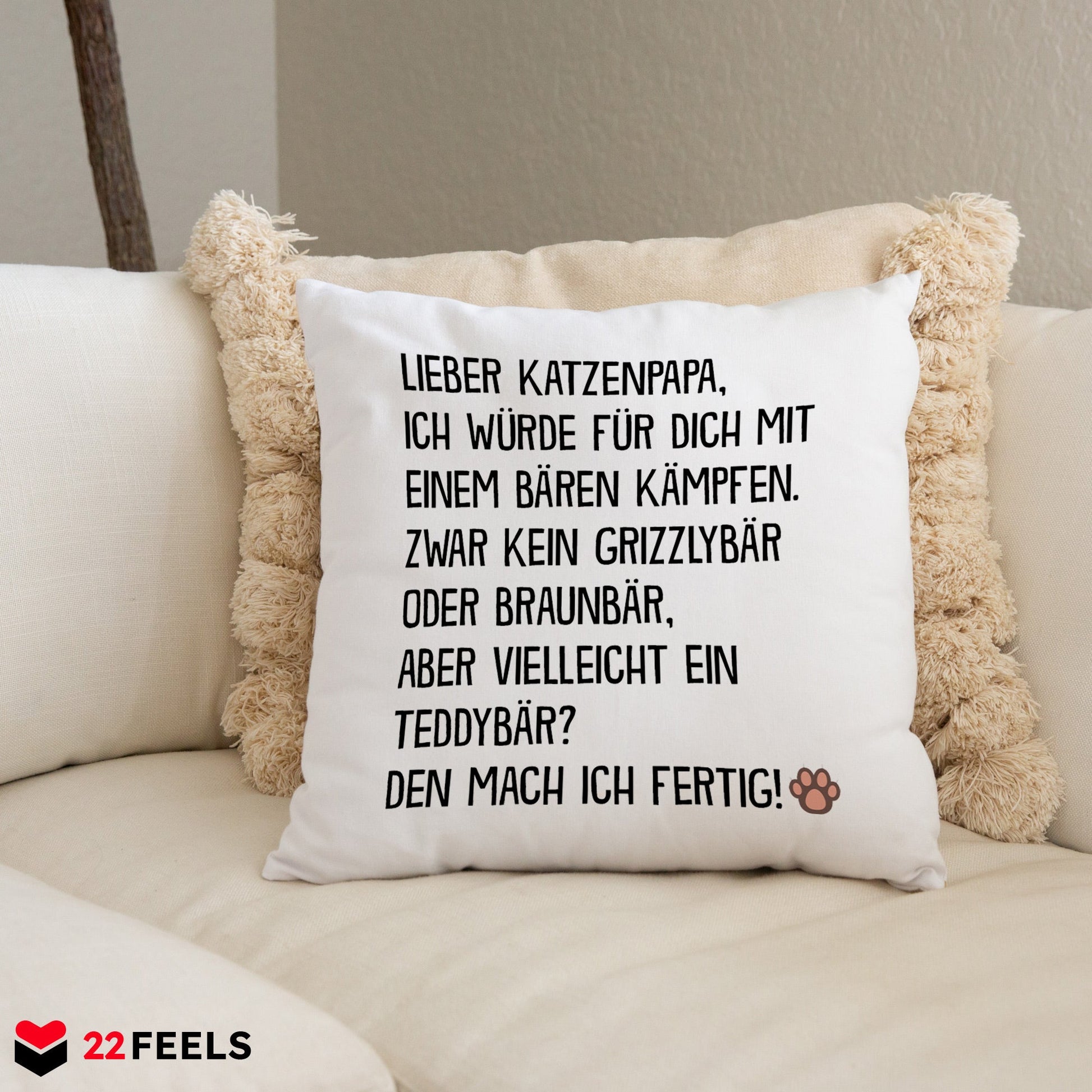 22Feels® Katzenpapa Geschenk für Cat Dads und Katzen-Herrchen - Kissen mit Spruch (Weiss 40x40cm)-Kissen Weiss 40x40-22Feels