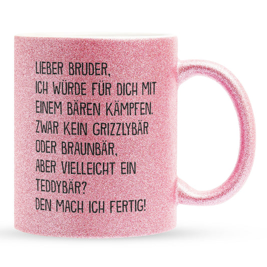 22Feels® Bruder Geschenk - Glitzertasse mit Spruch (Pink, 320ml)-Glitzertasse Pink 320ml-22Feels
