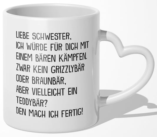 22Feels® Schwester Geschenk - Tasse mit Spruch (Herzhenkel, Weiss, 320ml)-Tasse Weiss Herzhenkel 320ml-22Feels