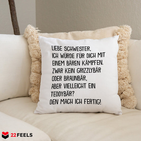22Feels® Schwester Geschenk - Kissen mit Spruch (Weiss 40x40cm)-Kissen Weiss 40x40-22Feels