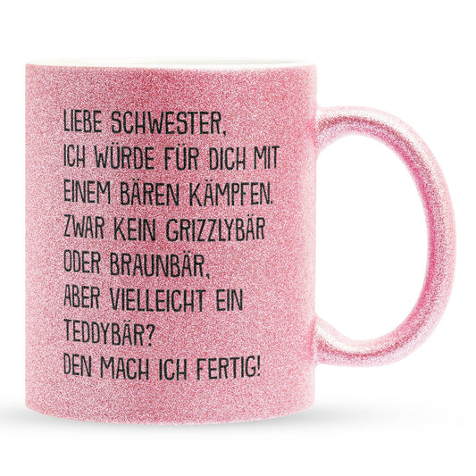 22Feels® Schwester Geschenk - Glitzertasse mit Spruch (Pink, 320ml)-Glitzertasse Pink 320ml-22Feels