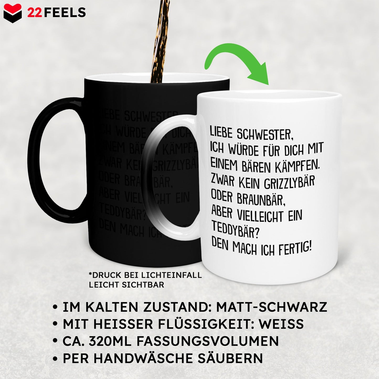 22Feels® Schwester Geschenk - Zaubertasse mit Spruch (Matt-Schwarz und Weiss, 320ml)-Farbwechsel Tasse Matt 320ml-22Feels