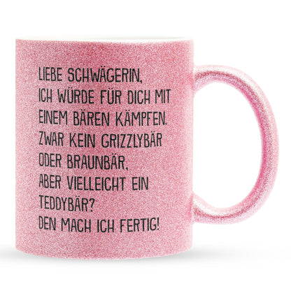 22Feels® Schwägerin Geschenk - Glitzertasse mit Spruch (Pink, 320ml)-Glitzertasse Pink 320ml-22Feels