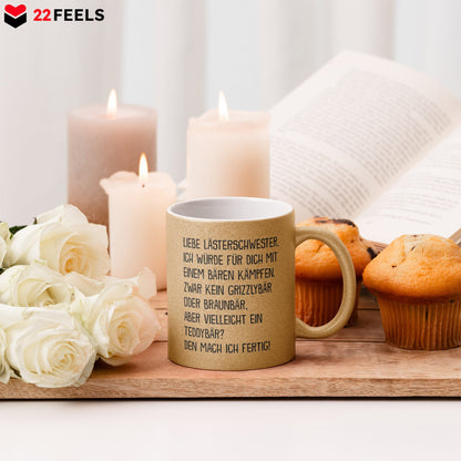 22Feels® Beste Freundin Geschenk - Glitzertasse mit Spruch: Mit Bären Kämpfen (Gold, 320ml)-Glitzertasse Gold 320ml-22Feels