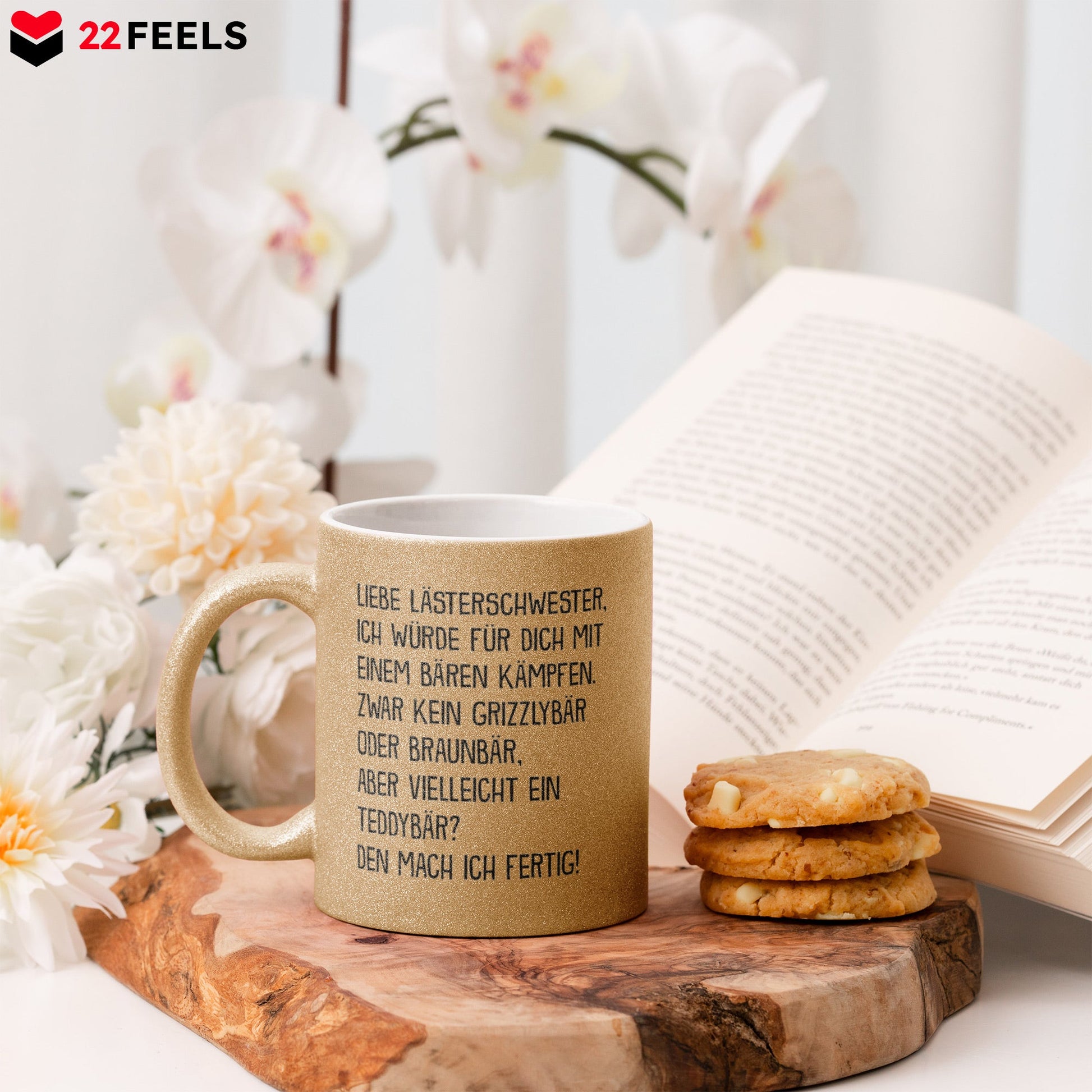 22Feels® Beste Freundin Geschenk - Glitzertasse mit Spruch: Mit Bären Kämpfen (Gold, 320ml)-Glitzertasse Gold 320ml-22Feels