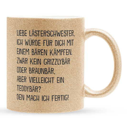 22Feels® Beste Freundin Geschenk - Glitzertasse mit Spruch: Mit Bären Kämpfen (Gold, 320ml)-Glitzertasse Gold 320ml-22Feels
