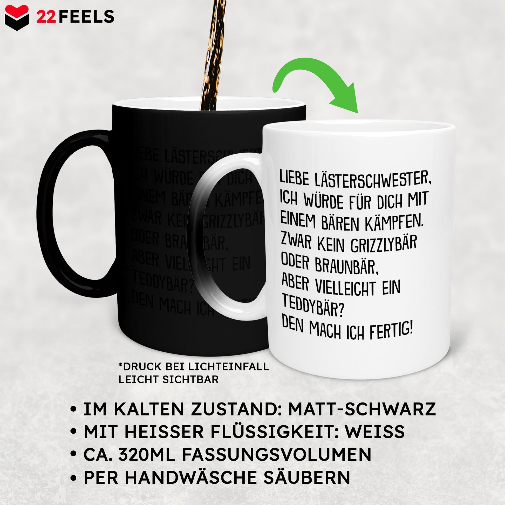 22Feels® Beste Freundin Geschenk - Zaubertasse mit Spruch: Mit Bären Kämpfen (Matt-Schwarz und Weiss, 320ml)-Farbwechsel Tasse Matt 320ml-22Feels