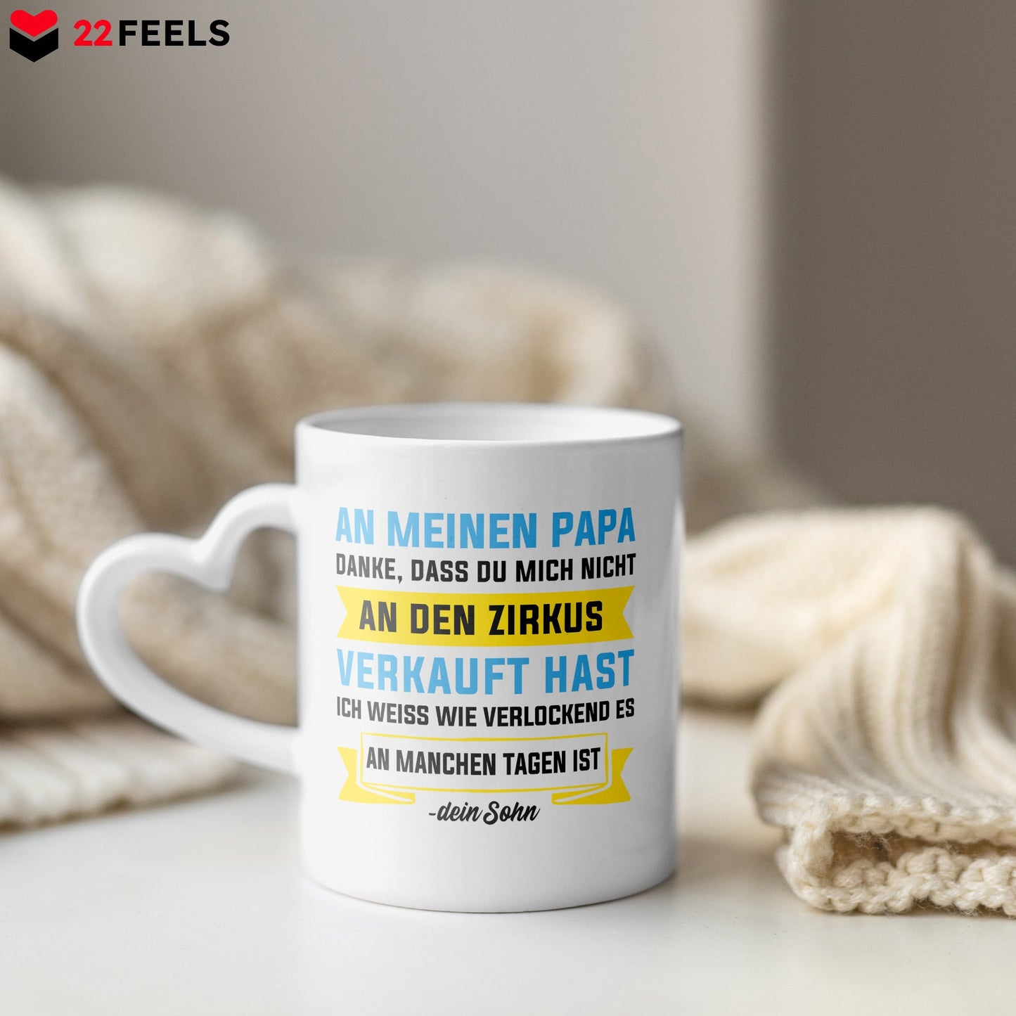 22Feels® Papa Geschenk von Sohn - Tasse mit Spruch: Zirkus (Herzhenkel, Weiss, 320ml)-Tasse Weiss Herzhenkel 320ml-22Feels