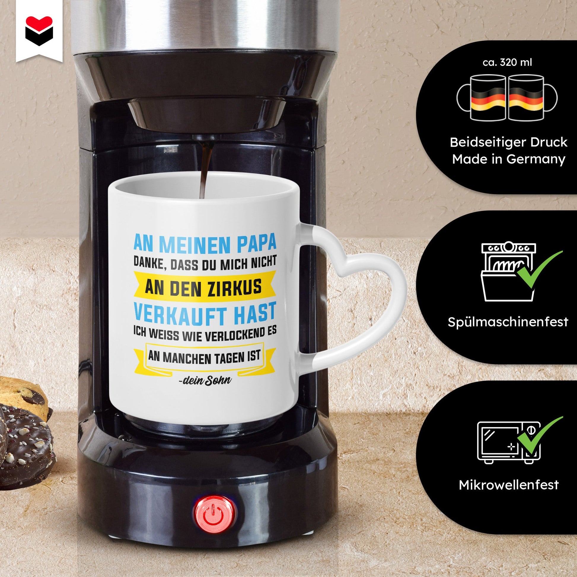 22Feels® Papa Geschenk von Sohn - Tasse mit Spruch: Zirkus (Herzhenkel, Weiss, 320ml)-Tasse Weiss Herzhenkel 320ml-22Feels