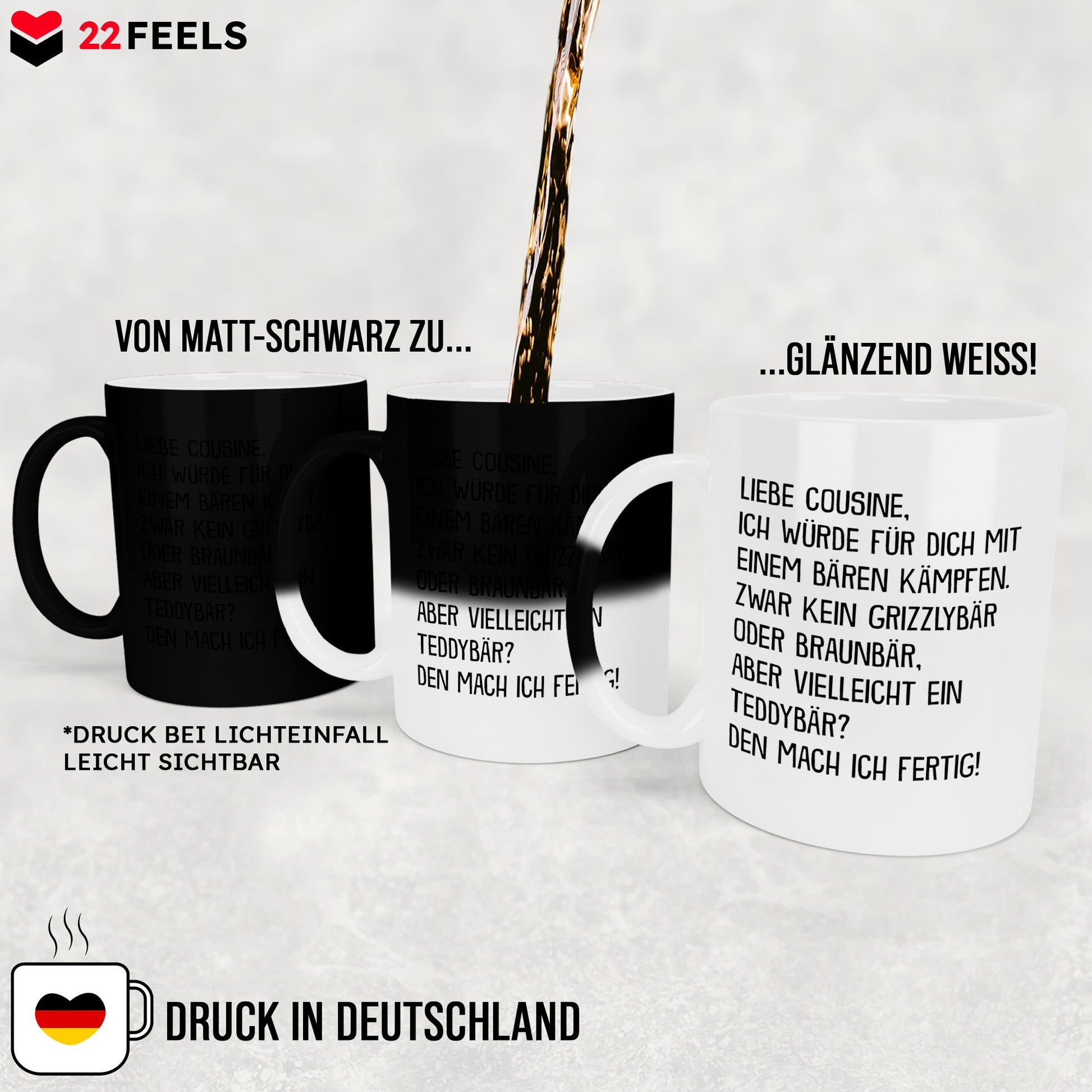 22Feels® Cousine Geschenk - Zaubertasse mit Spruch (Matt-Schwarz und Weiss, 320ml)-Farbwechsel Tasse Matt 320ml-22Feels