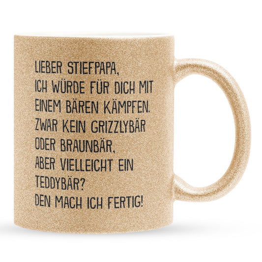 22Feels® Stiefvater Geschenk - Glitzertasse mit Spruch (Gold, 320ml)-Glitzertasse Gold 320ml-22Feels
