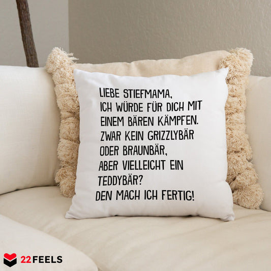 22Feels® Stiefmama Geschenk - Kissen mit Spruch (Weiss 40x40cm)-Kissen Weiss 40x40-22Feels