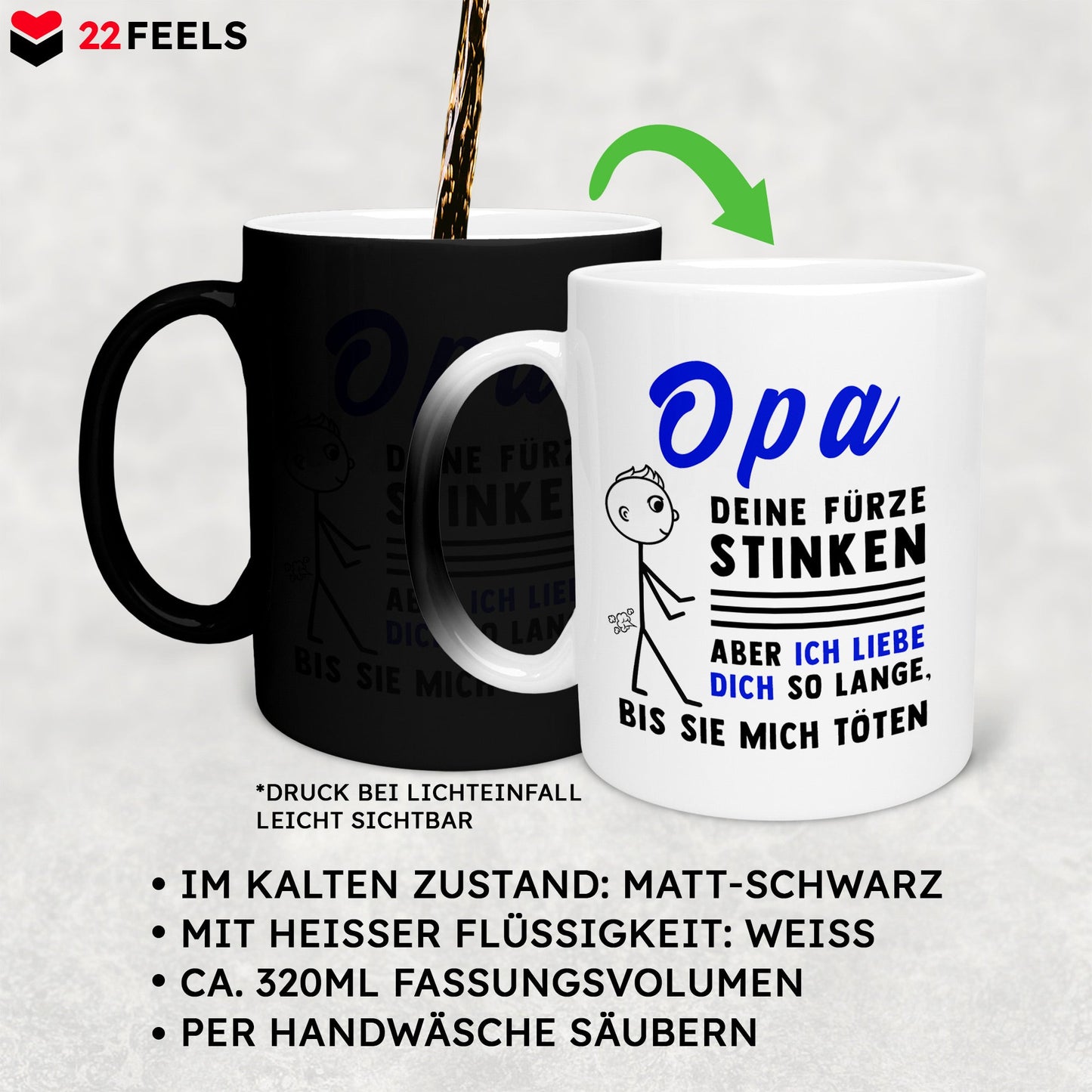 22Feels® Opa Geschenk - Zaubertasse mit Spruch (Matt-Schwarz und Weiss, 320ml)-Farbwechsel Tasse Matt 320ml-22Feels