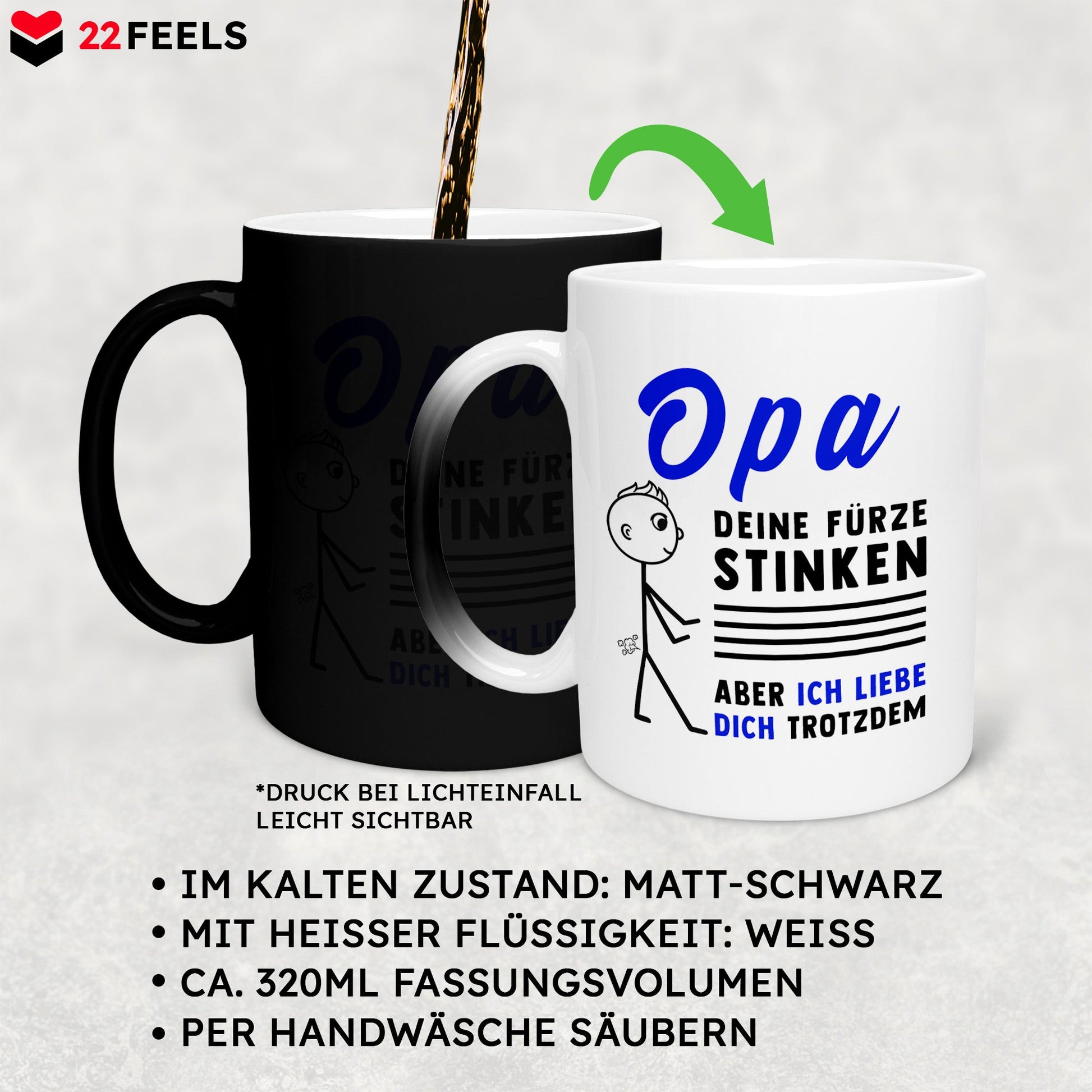 22Feels® Opa Geschenk - Zaubertasse mit Spruch (Matt-Schwarz und Weiss, 320ml)-Farbwechsel Tasse Matt 320ml-22Feels