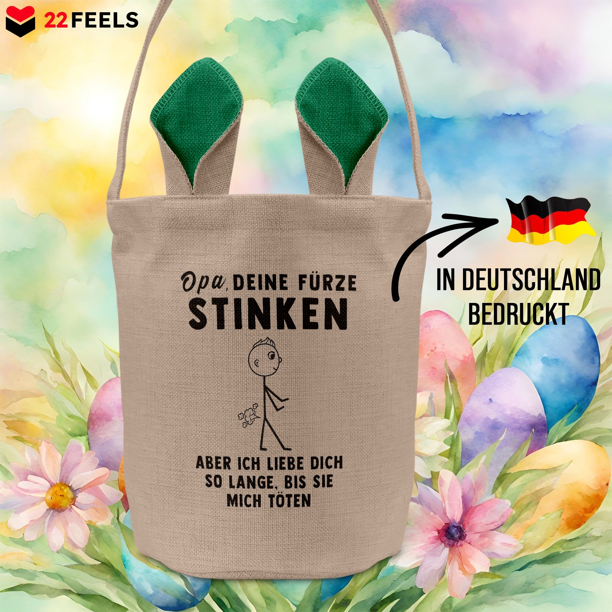 22Feels® Opa Grossvater Osterkorb mit Henkel Ostergeschenk Tragetasche Ostern Deko Osternest Körbchen Hasenohren (Beige/Grün)-Ostern Tragetasche-22Feels