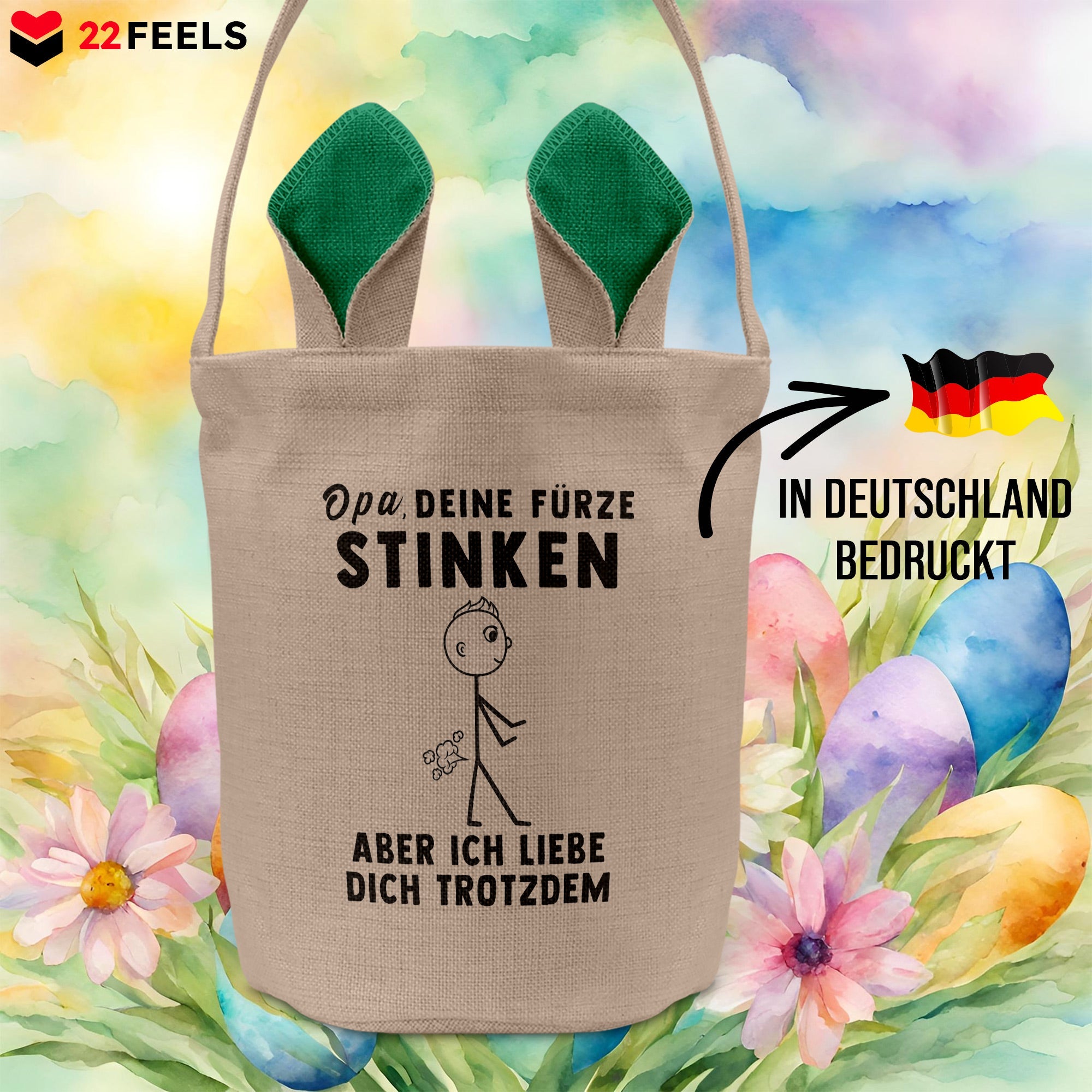22Feels® Opa Grossvater Osterkorb mit Henkel Ostergeschenk Tragetasche Ostern Deko Osternest Körbchen Hasenohren (Beige/Grün)-Ostern Tragetasche-22Feels