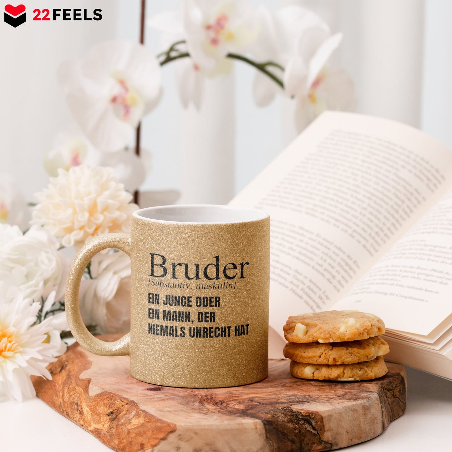 22Feels® Bruder Geschenk - Glitzertasse mit Spruch (Gold, 320ml)-Glitzertasse Gold 320ml-22Feels