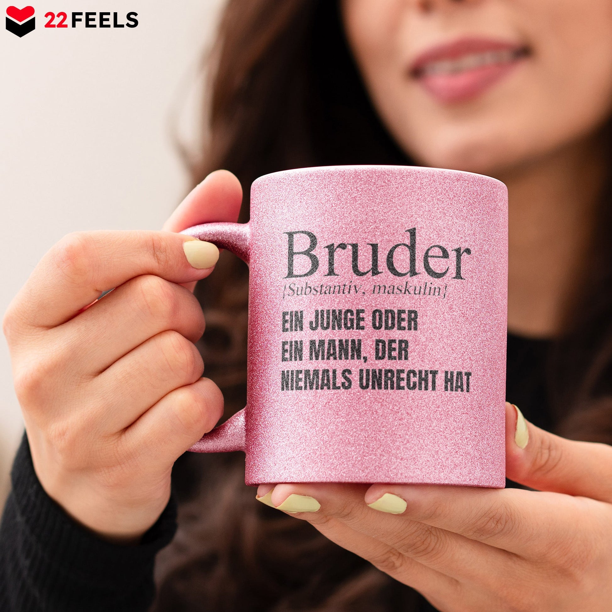 22Feels® Bruder Geschenk - Glitzertasse mit Spruch (Pink, 320ml)-Glitzertasse Pink 320ml-22Feels