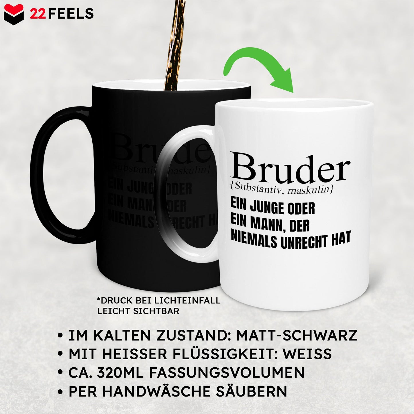 22Feels® Bruder Geschenk - Zaubertasse mit Spruch (Matt-Schwarz und Weiss, 320ml)-Farbwechsel Tasse Matt 320ml-22Feels