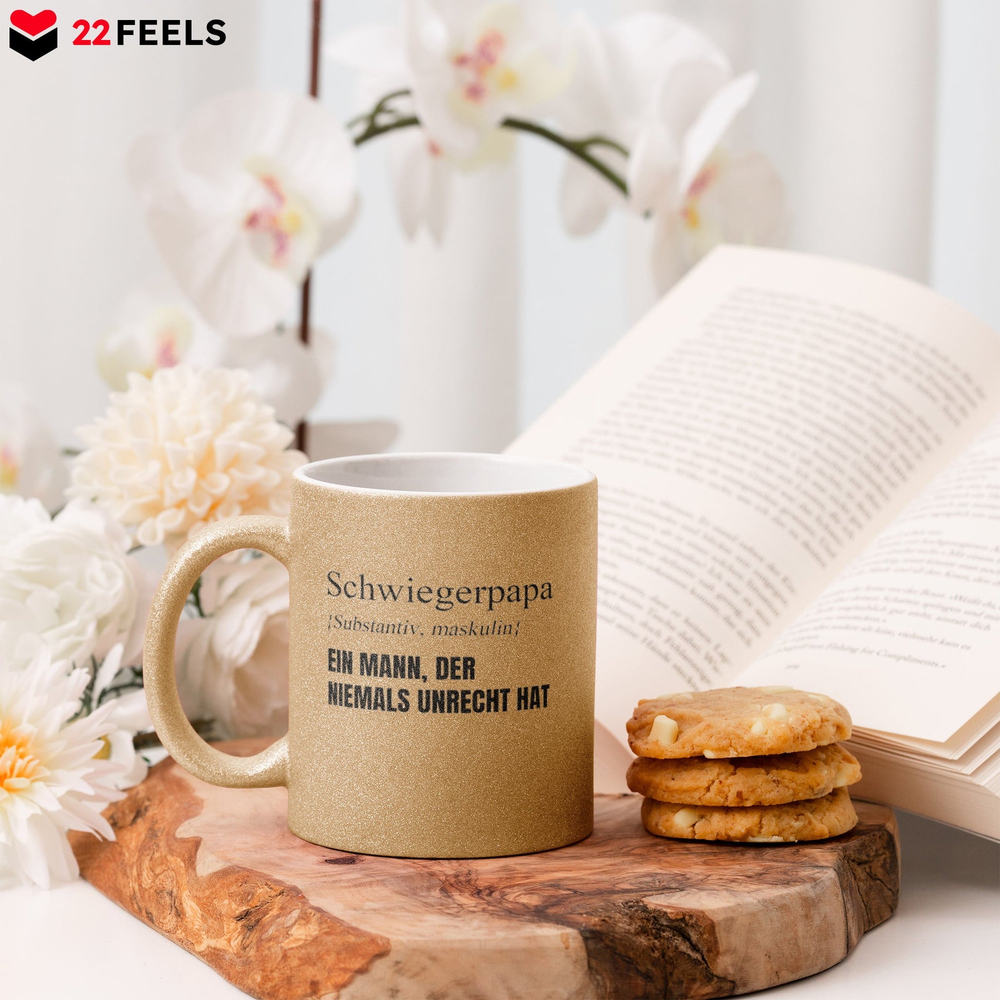 22Feels® Schwiegerpapa Geschenk - Glitzertasse mit Spruch (Gold, 320ml)-Glitzertasse Gold 320ml-22Feels