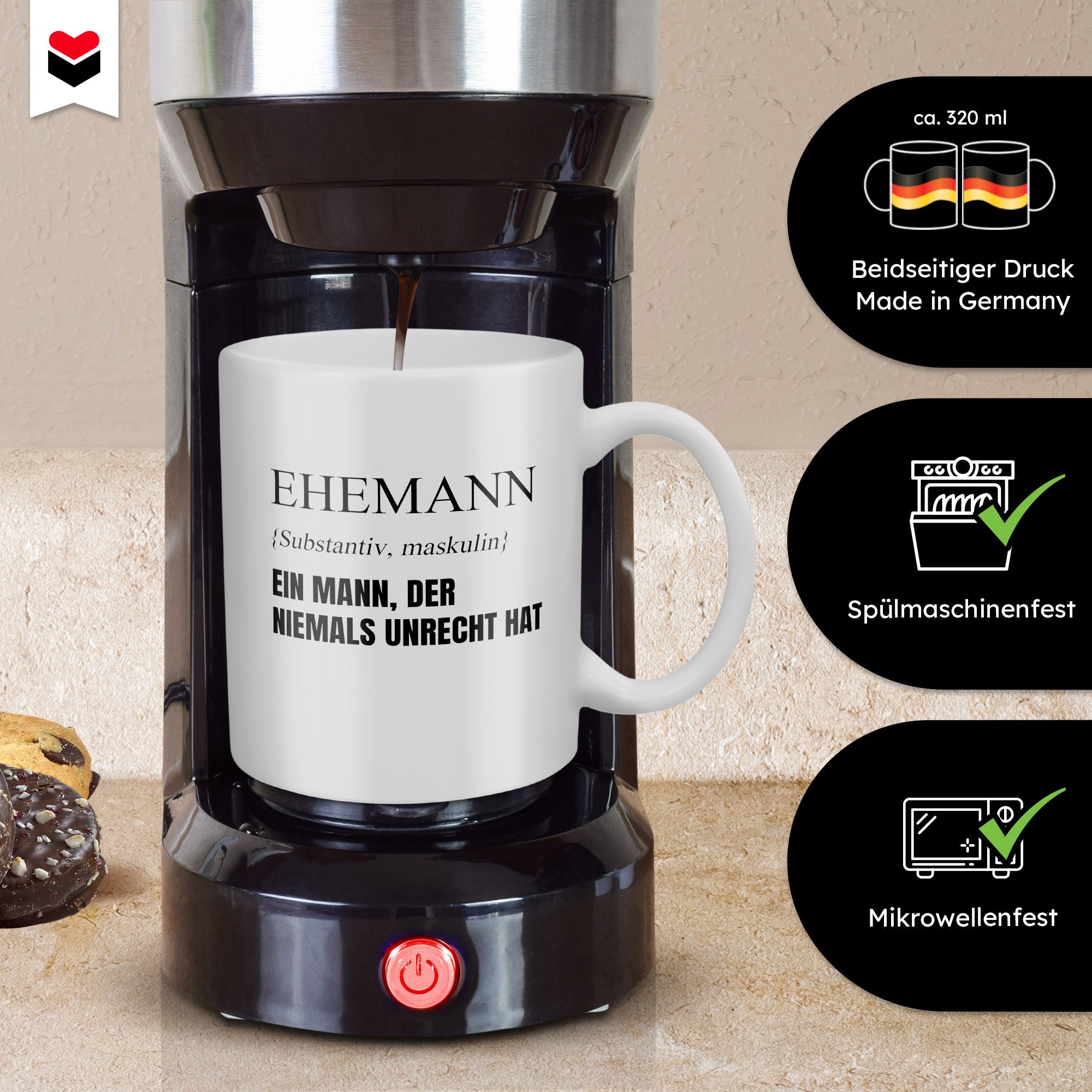22Feels® Ehemann Geschenk zum Hochzeitstag, Valentinstag etc. - Tasse mit Spruch: Definition - Ein Mann, der niemals unrecht hat (Weiss, 320ml)-Weisse Tasse 320ml-22Feels