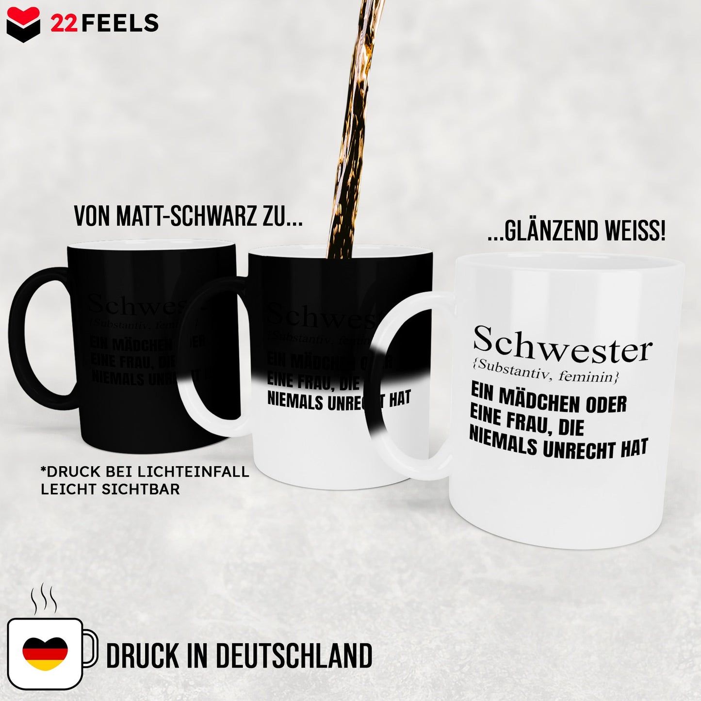 22Feels® Schwester Geschenk - Zaubertasse mit Spruch (Matt-Schwarz und Weiss, 320ml)-Farbwechsel Tasse Matt 320ml-22Feels