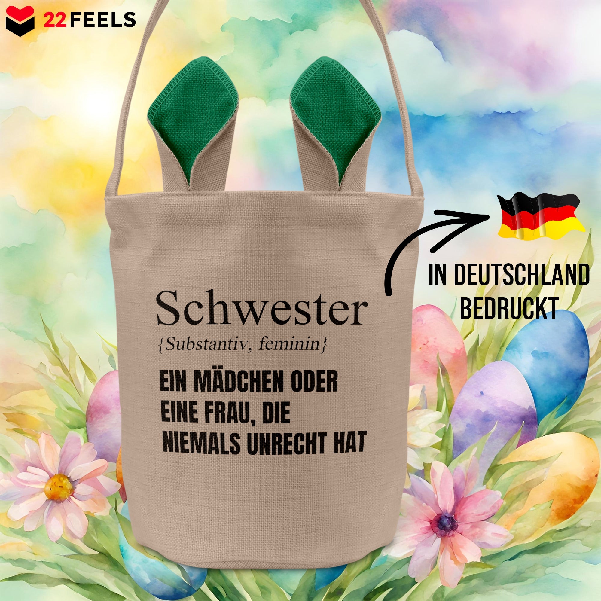 22Feels® Schwester Geschwister Osterkorb mit Henkel Ostergeschenk Tragetasche Ostern Deko Osternest Körbchen Hasenohren (Beige/Grün)-Ostern Tragetasche-22Feels