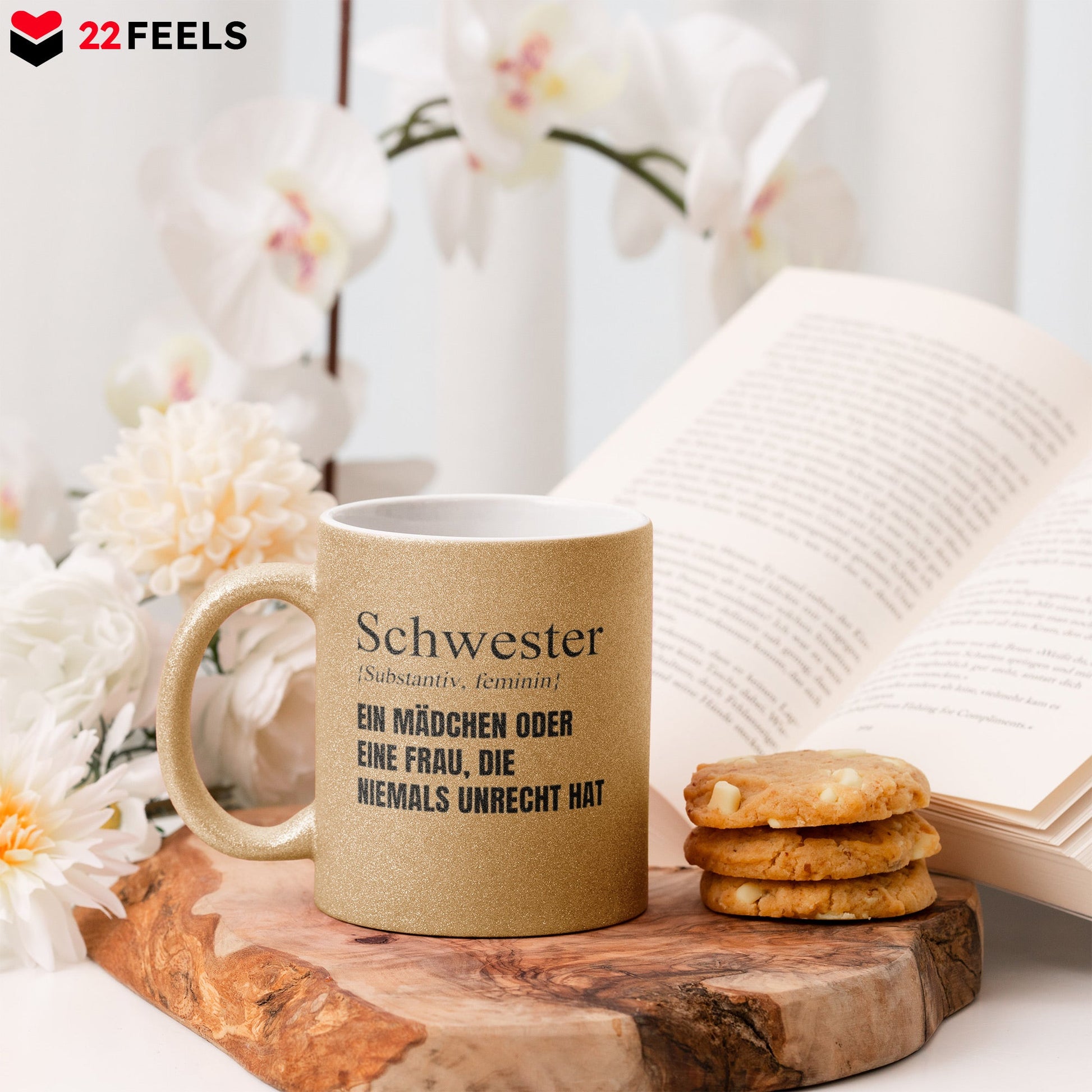 22Feels® Schwester Geschenk - Glitzertasse mit Spruch (Gold, 320ml)-Glitzertasse Gold 320ml-22Feels