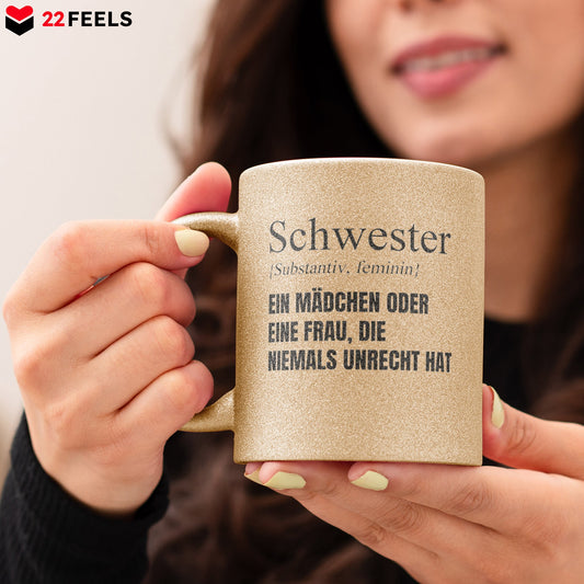 22Feels® Schwester Geschenk - Glitzertasse mit Spruch (Gold, 320ml)-Glitzertasse Gold 320ml-22Feels