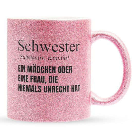 22Feels® Schwester Geschenk - Glitzertasse mit Spruch (Pink, 320ml)-Glitzertasse Pink 320ml-22Feels