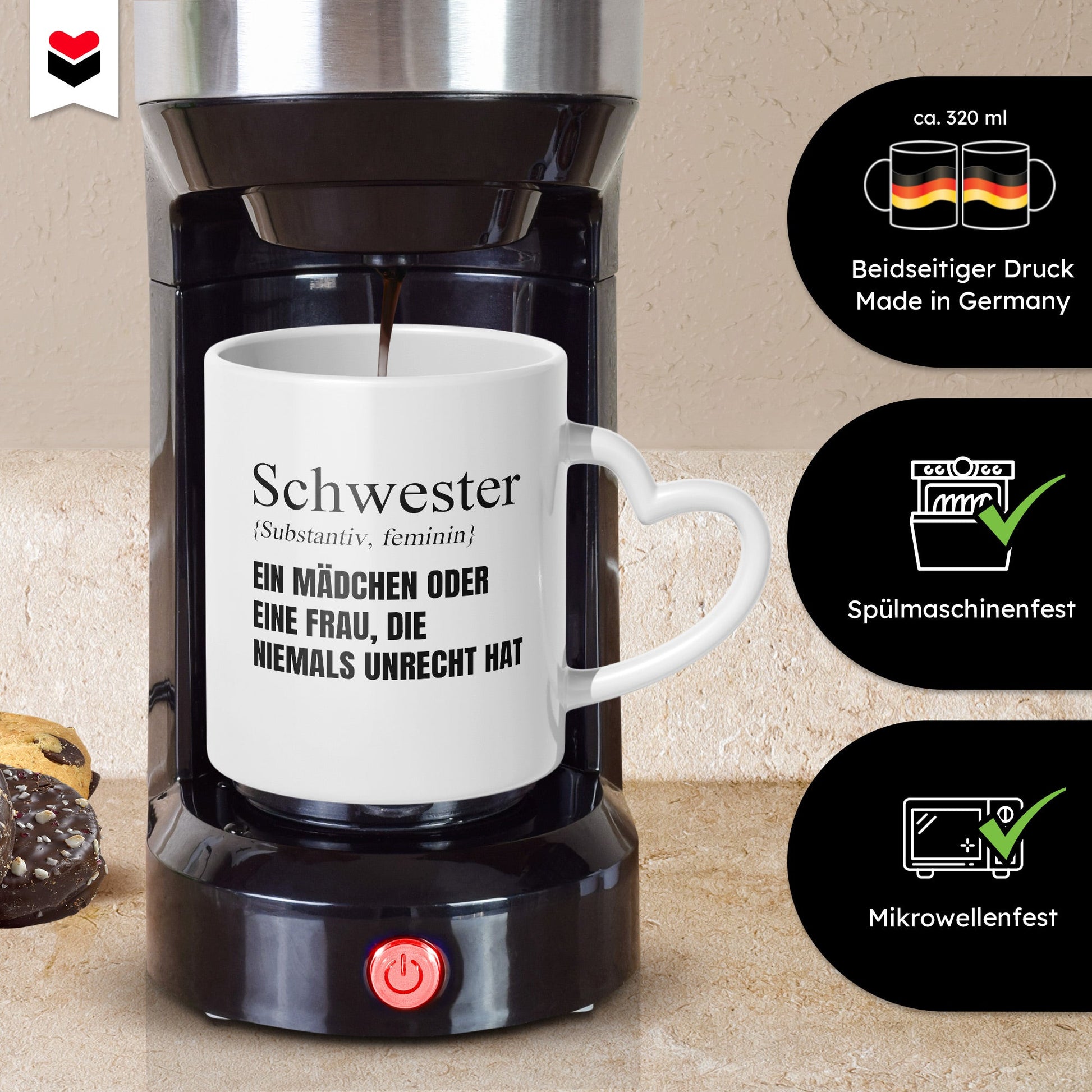 22Feels® Schwester Geschenk - Tasse mit Spruch (Herzhenkel, Weiss, 320ml)-Tasse Weiss Herzhenkel 320ml-22Feels