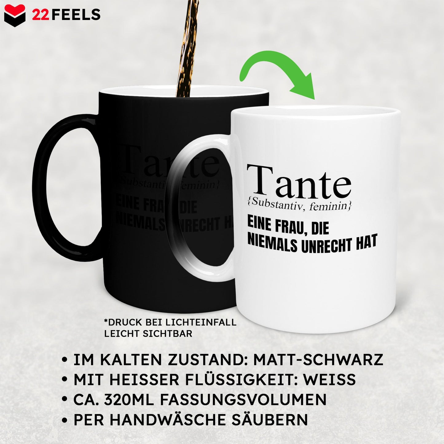 22Feels® Tante Geschenk - Zaubertasse mit Spruch (Matt-Schwarz und Weiss, 320ml)-Farbwechsel Tasse Matt 320ml-22Feels