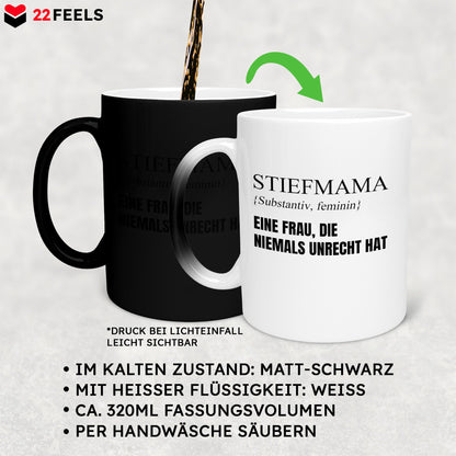 22Feels® Stiefmama Geschenk - Zaubertasse mit Spruch (Matt-Schwarz und Weiss, 320ml)-Farbwechsel Tasse Matt 320ml-22Feels
