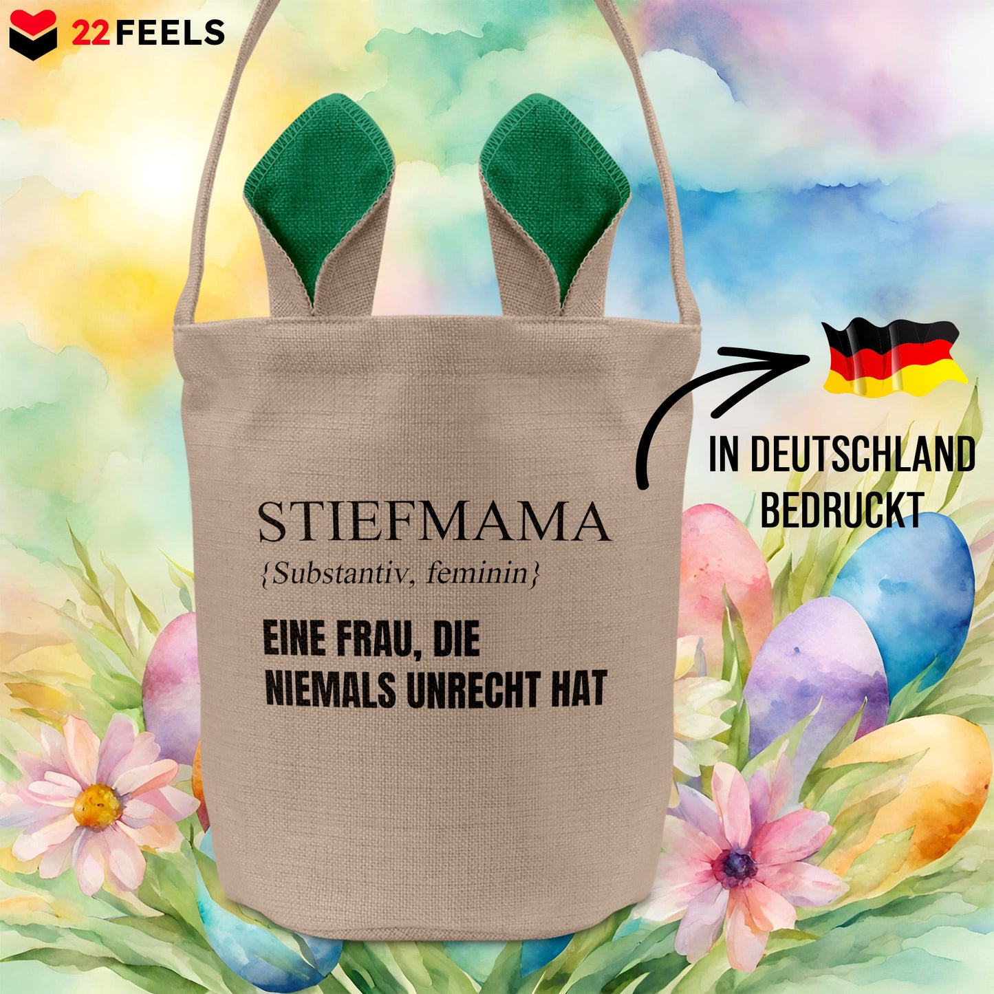 22Feels® Stiefmama Stiefmutter Osterkorb mit Henkel Ostergeschenk Tragetasche Ostern Deko Osternest Körbchen Hasenohren (Beige/Grün)-Ostern Tragetasche-22Feels
