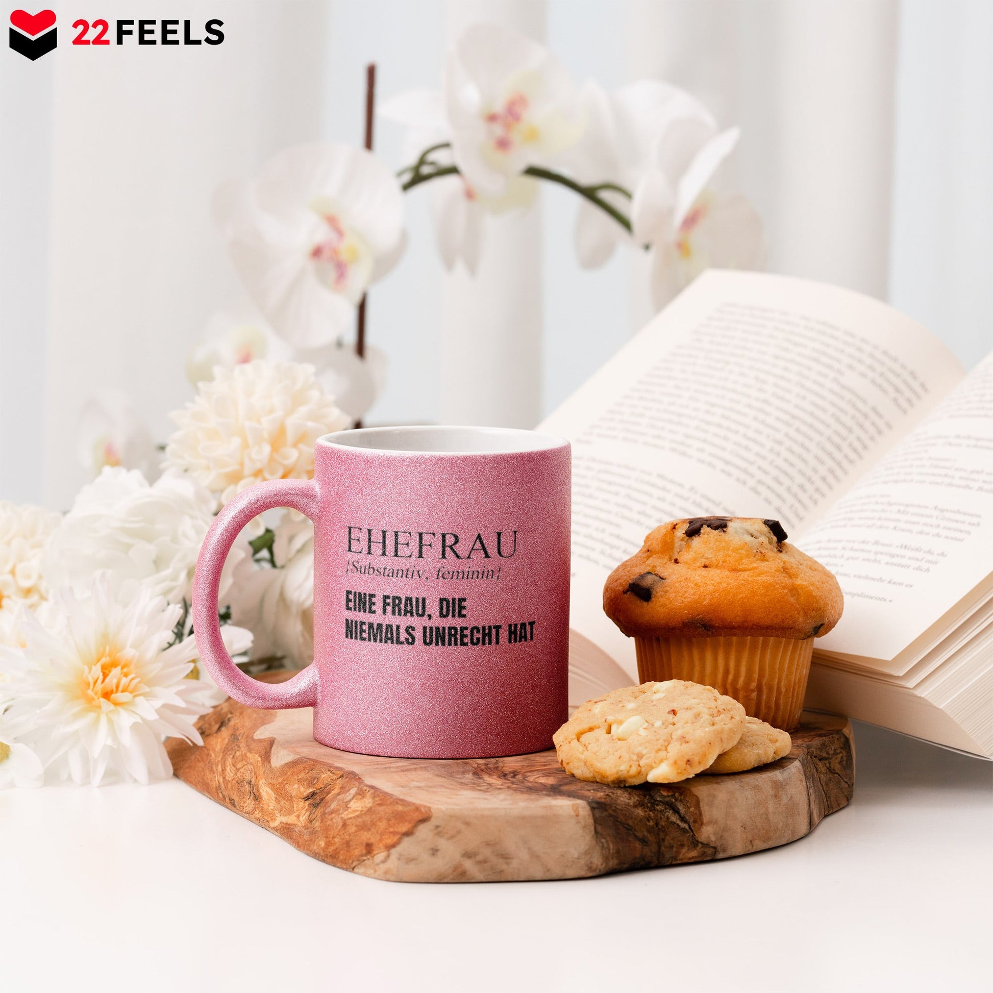 22Feels® Ehefrau Geschenk zum Hochzeitstag, Valentinstag etc. - Glitzertasse mit Spruch (Pink, 320ml)-Glitzertasse Pink 320ml-22Feels