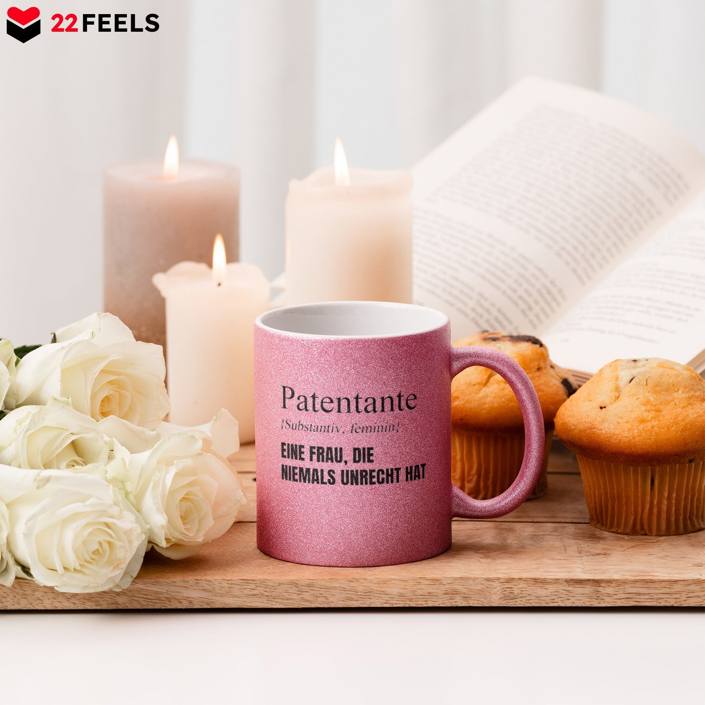 22Feels® Patentante Geschenk - Glitzertasse mit Spruch (Pink, 320ml)-Glitzertasse Pink 320ml-22Feels