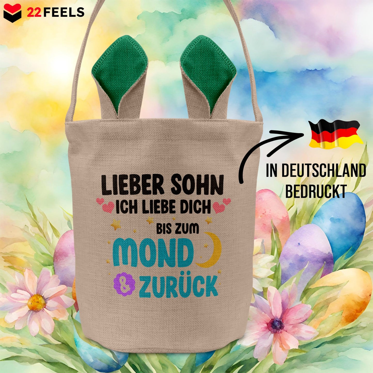 22Feels® Sohn Kinder Osterkorb mit Henkel Ostergeschenk Tragetasche Ostern Deko Osternest Körbchen Hasenohren (Beige/Grün)-Ostern Tragetasche-22Feels