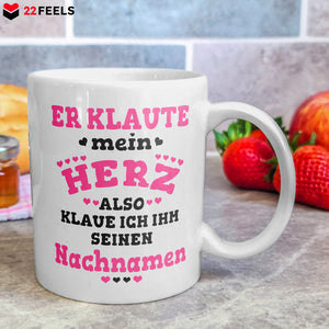 22Feels® Geschenk zur Verlobung für Frauen - Tasse mit Spruch: Er Klaute Mein Herz (Weiss, 320ml)-Weisse Tasse 320ml-22Feels