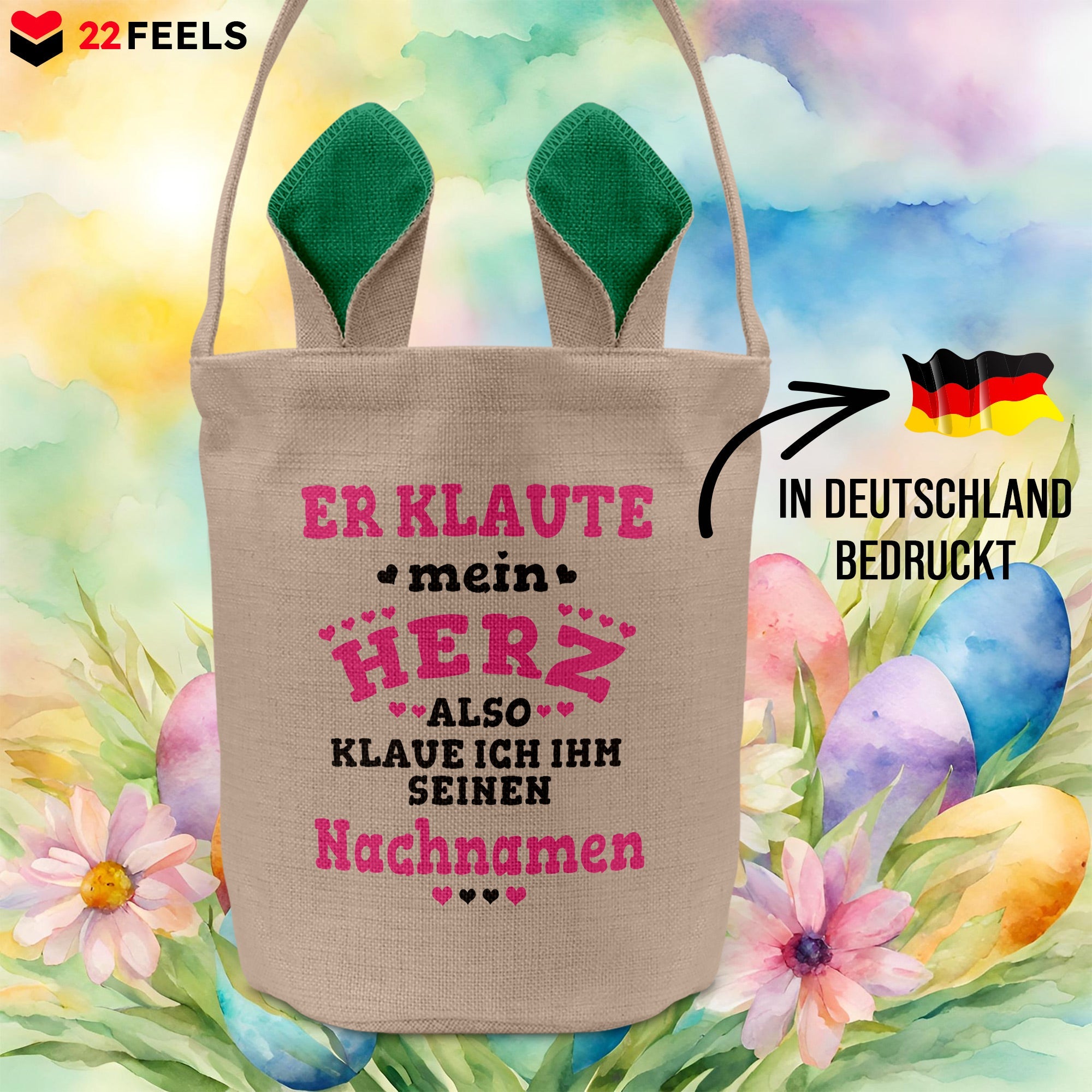 22Feels® Verlobte Frauen Osterkorb mit Henkel Ostergeschenk Tragetasche Ostern Deko Osternest Körbchen Hasenohren (Beige/Grün)-Ostern Tragetasche-22Feels