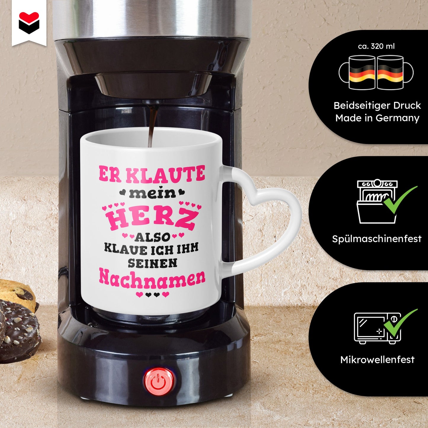 22Feels® Verlobte Geschenk - Tasse mit Spruch: Er klaute mein Herz (Herzhenkel, Weiss, 320ml)-Tasse Weiss Herzhenkel 320ml-22Feels