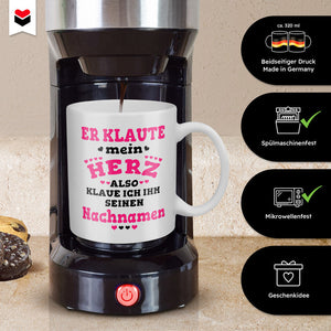 22Feels® Geschenk zur Verlobung für Frauen - Tasse mit Spruch: Er Klaute Mein Herz (Weiss, 320ml)-Weisse Tasse 320ml-22Feels