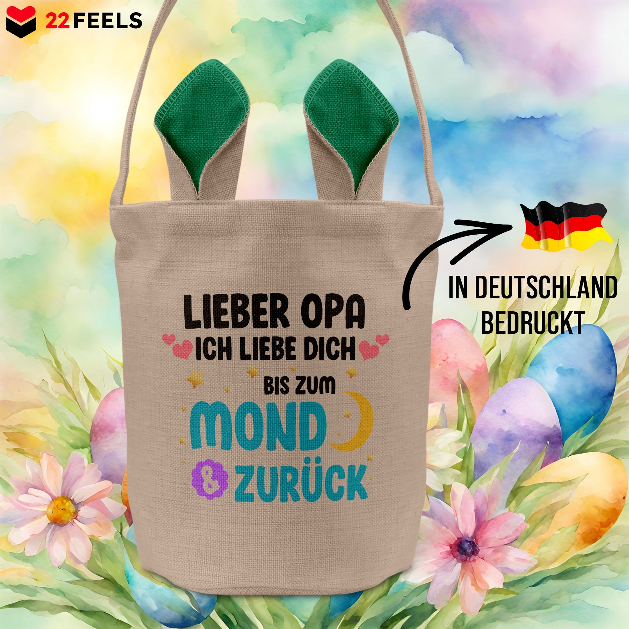 22Feels® Opa Grossvater Osterkorb mit Henkel Ostergeschenk Tragetasche Ostern Deko Osternest Körbchen Hasenohren (Beige/Grün)-Ostern Tragetasche-22Feels